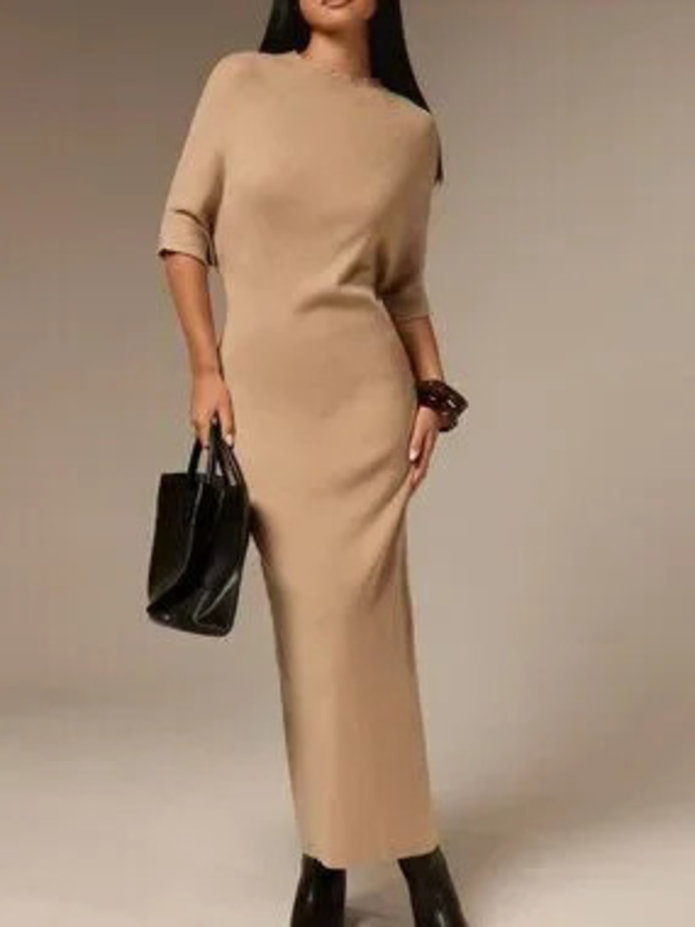 Khaki Elegant Women's Fitted Knit Dress